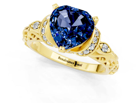 Yellow gold Heart Cut Blue Sapphire Solitaire Ring with Filigree Band and Four-Prong Setting_25
