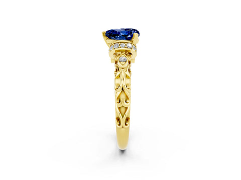 Yellow gold Heart Cut Blue Sapphire Solitaire Ring with Filigree Band and Four-Prong Setting_26