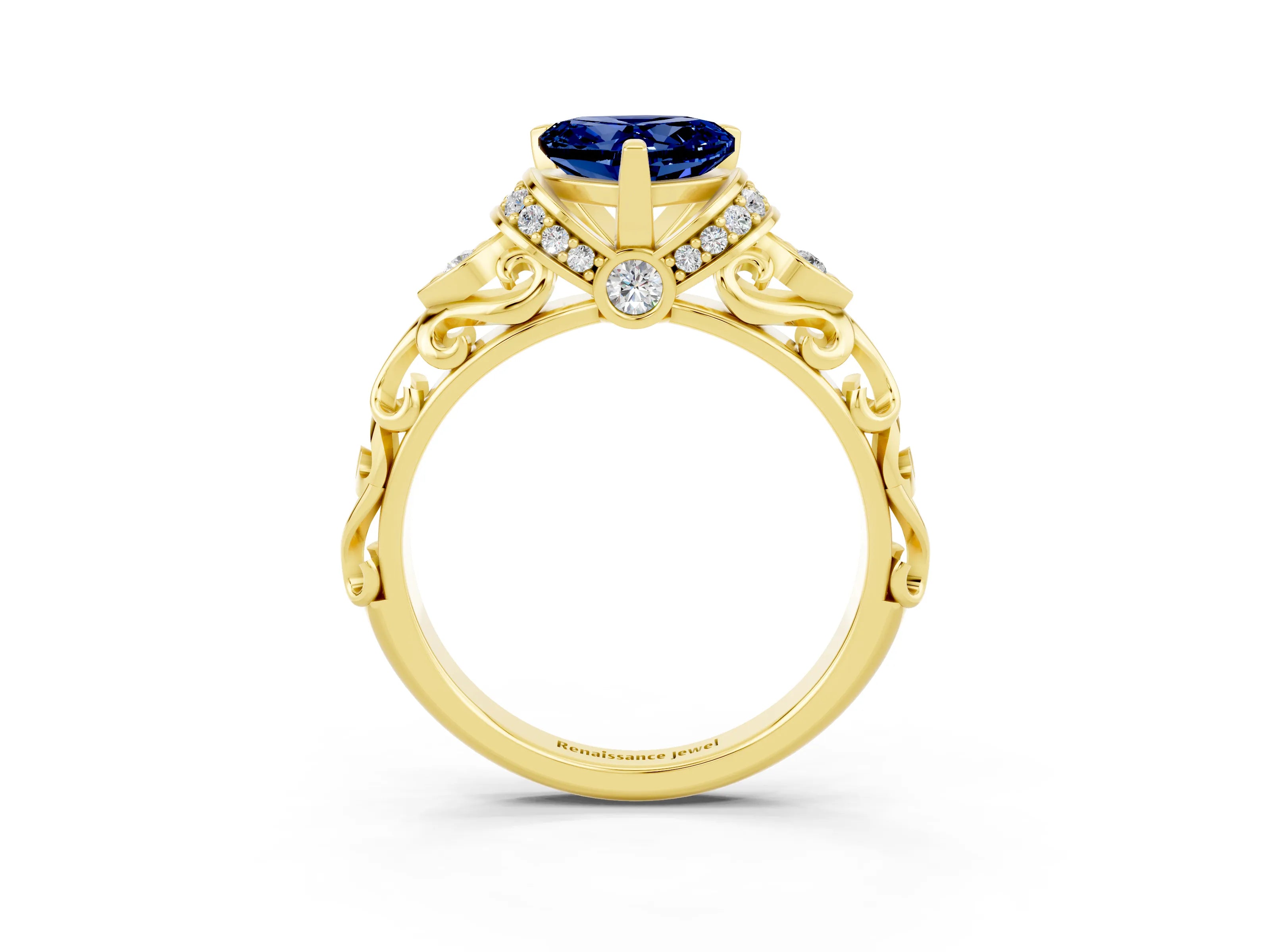 Yellow gold Heart Cut Blue Sapphire Solitaire Ring with Filigree Band and Four-Prong Setting_27