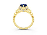 Yellow gold Heart Cut Blue Sapphire Solitaire Ring with Filigree Band and Four-Prong Setting_27