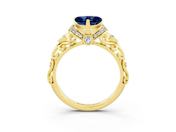 Yellow gold Heart Cut Blue Sapphire Solitaire Ring with Filigree Band and Four-Prong Setting
