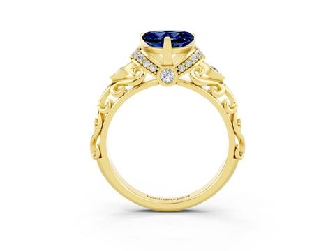 Yellow gold Heart Cut Blue Sapphire Solitaire Ring with Filigree Band and Four-Prong Setting_27