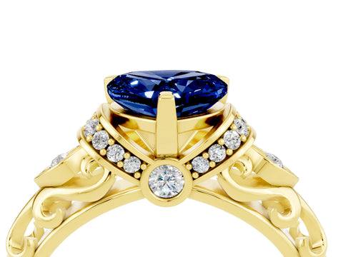 Yellow gold Heart Cut Blue Sapphire Solitaire Ring with Filigree Band and Four-Prong Setting_28