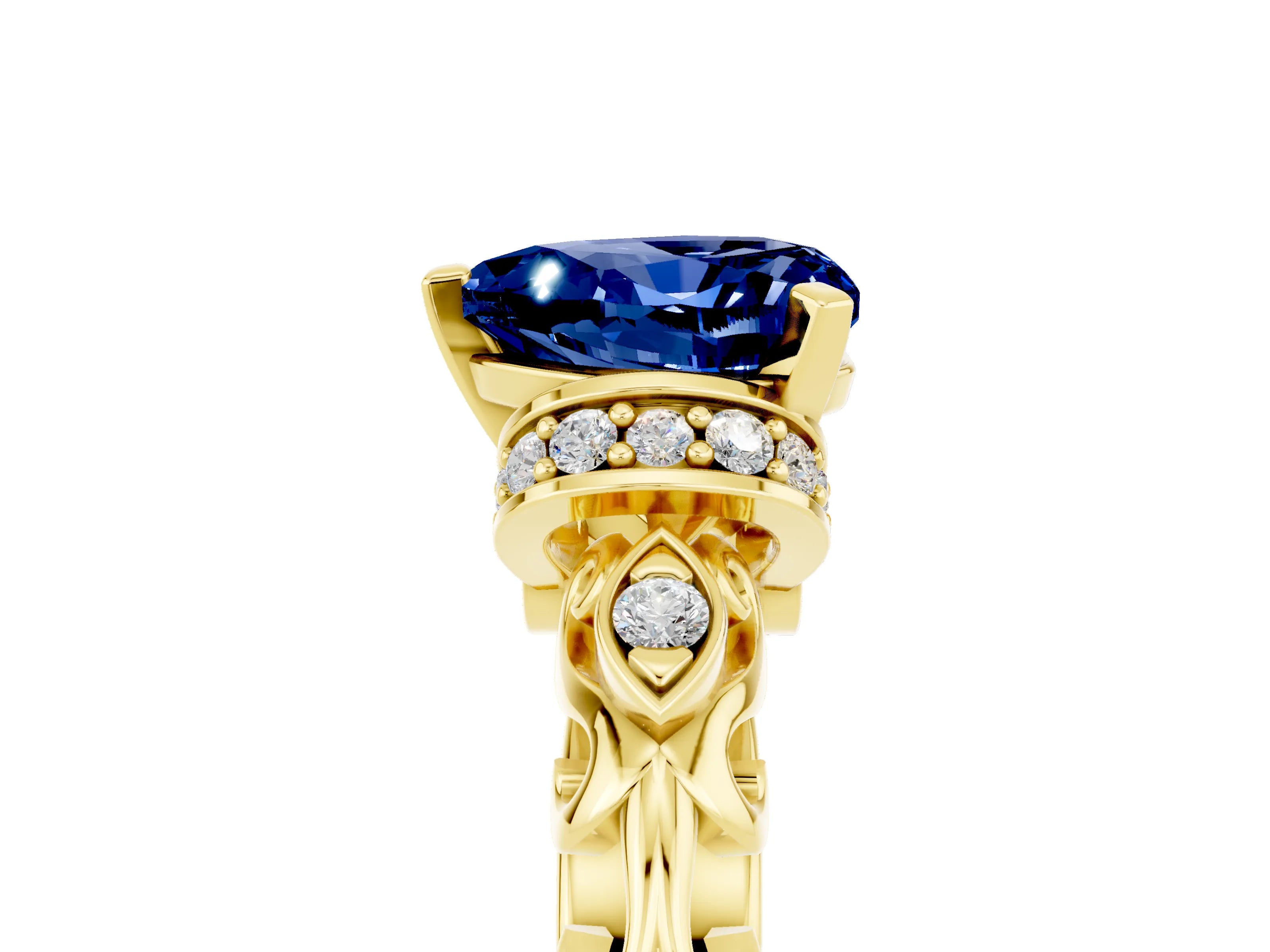 Yellow gold Heart Cut Blue Sapphire Solitaire Ring with Filigree Band and Four-Prong Setting_29