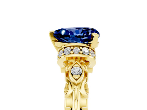 Yellow gold Heart Cut Blue Sapphire Solitaire Ring with Filigree Band and Four-Prong Setting_29