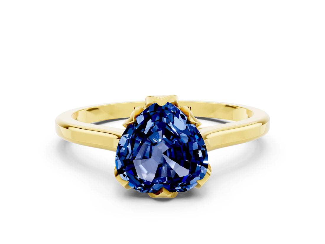 Yellow gold Heart Cut Blue Sapphire Solitaire Ring with Flower Prong Setting and Classic Band_12