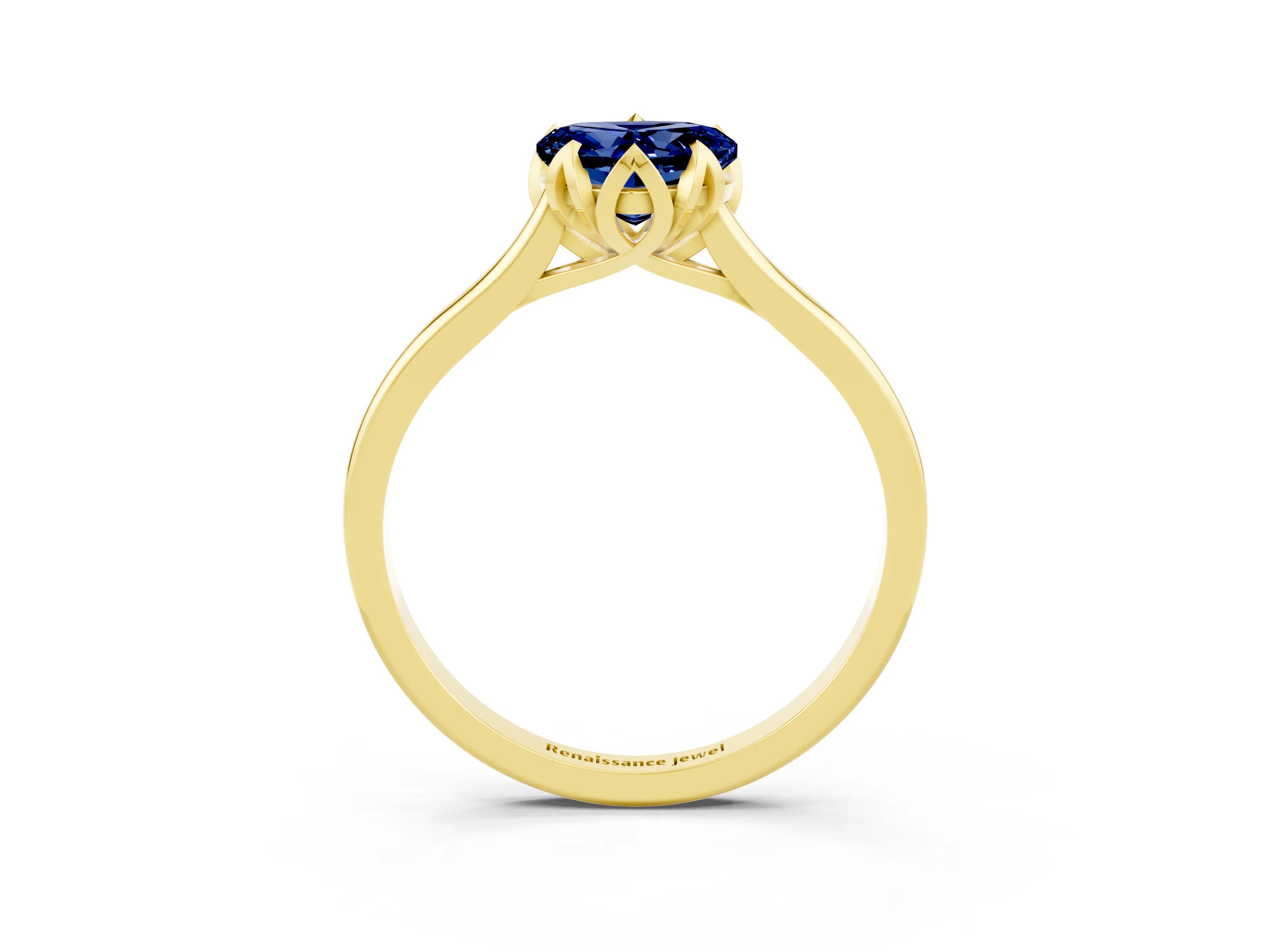 Yellow gold Heart Cut Blue Sapphire Solitaire Ring with Flower Prong Setting and Classic Band_15