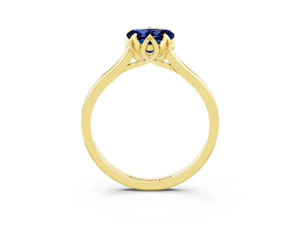 Yellow gold Heart Cut Blue Sapphire Solitaire Ring with Flower Prong Setting and Classic Band
