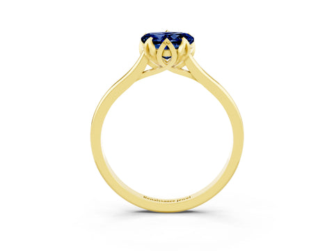Yellow gold Heart Cut Blue Sapphire Solitaire Ring with Flower Prong Setting and Classic Band_15
