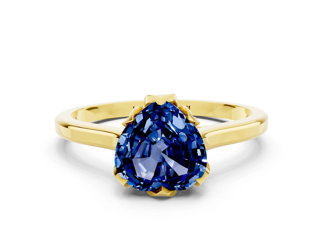 Yellow gold Heart Cut Blue Sapphire Solitaire Ring with Flower Prong Setting and Classic Band_36