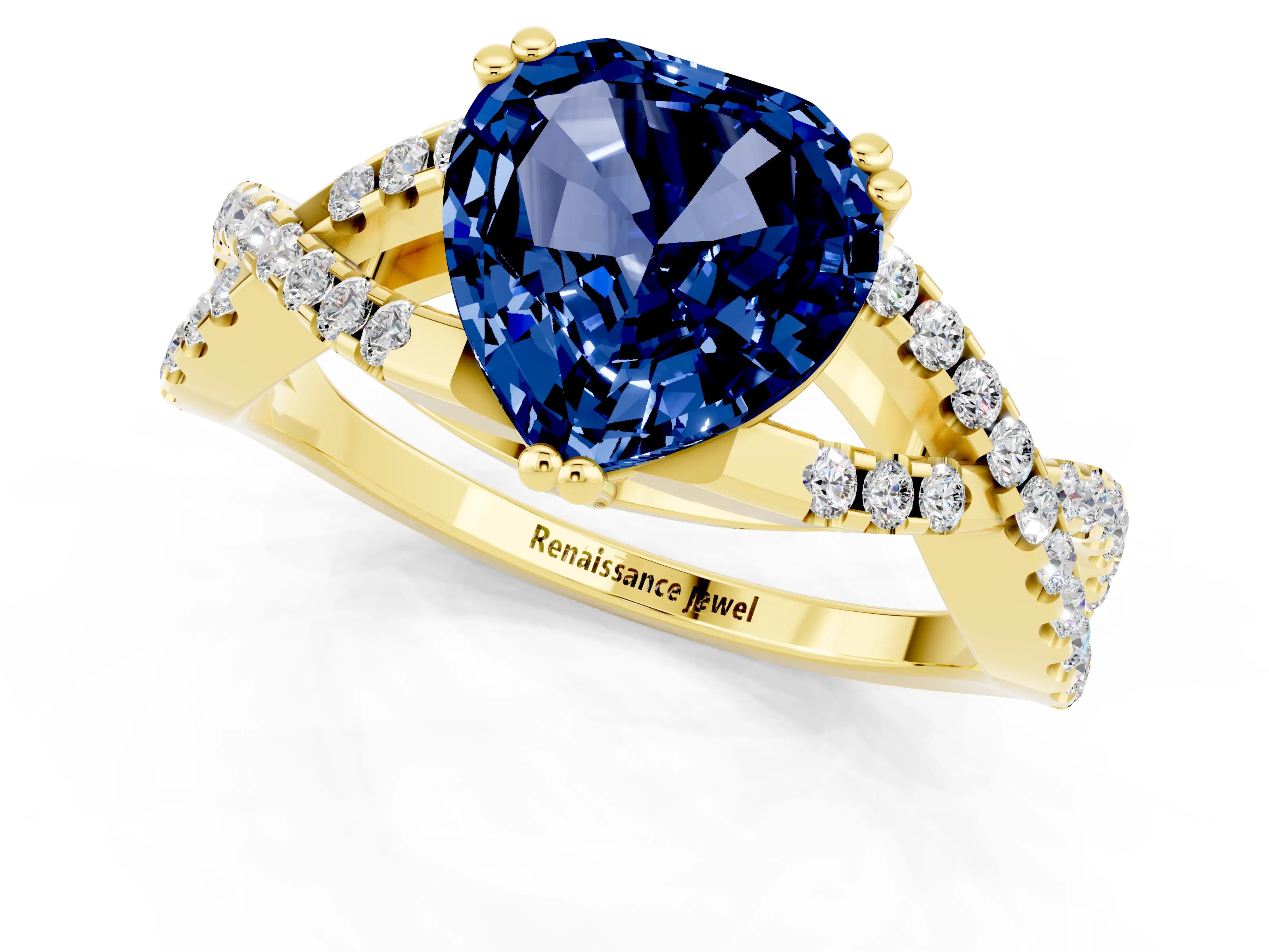 Yellow gold Heart Cut Blue Sapphire Solitaire Ring with Four-Prong Setting and Twisted Pavé Band_1