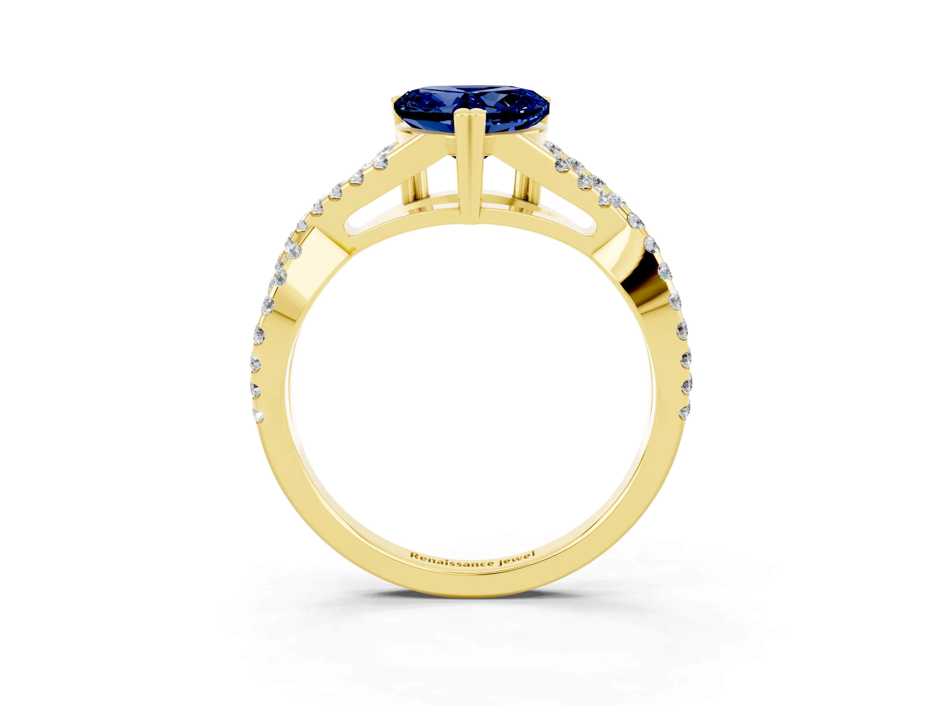 Yellow gold Heart Cut Blue Sapphire Solitaire Ring with Four-Prong Setting and Twisted Pavé Band_3