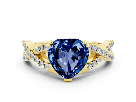 Yellow gold Heart Cut Blue Sapphire Solitaire Ring with Four-Prong Setting and Twisted Pavé Band