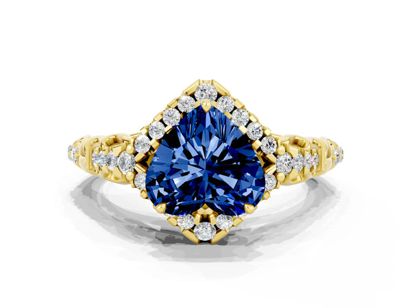 Yellow gold Heart Cut Blue Sapphire Solitaire Ring with Hidden Halo and Pavé Band