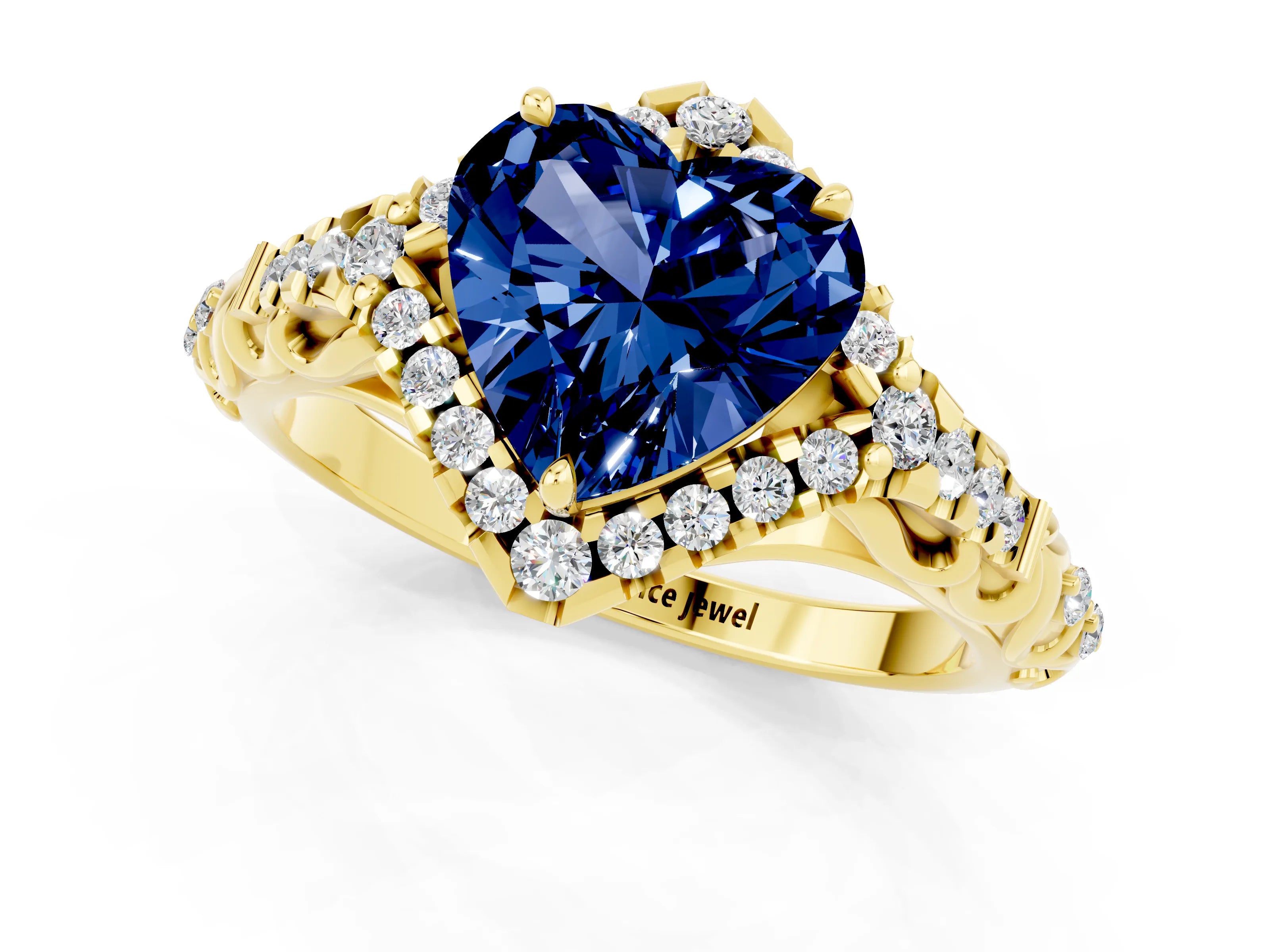 Yellow gold Heart Cut Blue Sapphire Solitaire Ring with Hidden Halo and Pavé Band_13