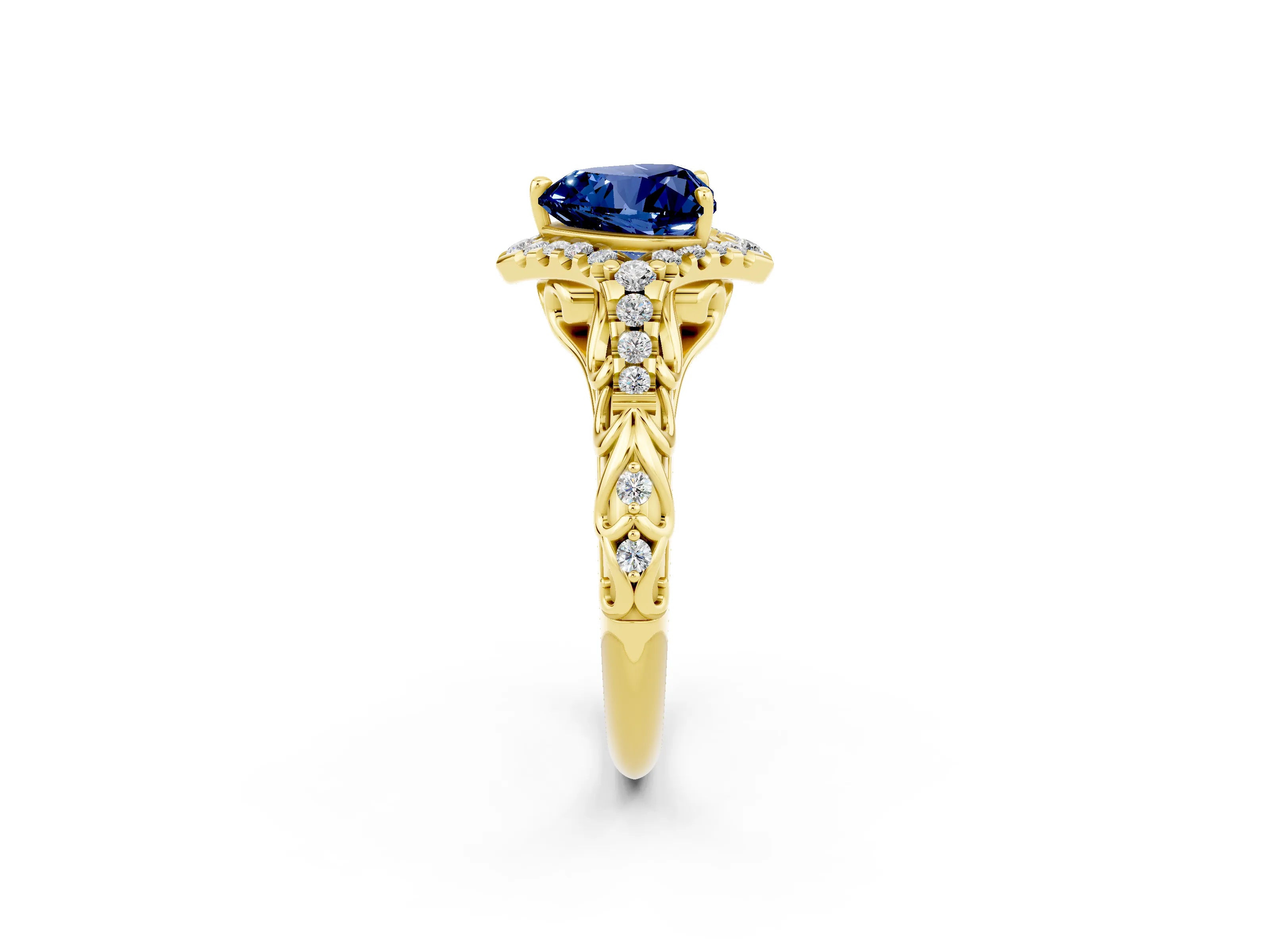 Yellow gold Heart Cut Blue Sapphire Solitaire Ring with Hidden Halo and Pavé Band_14