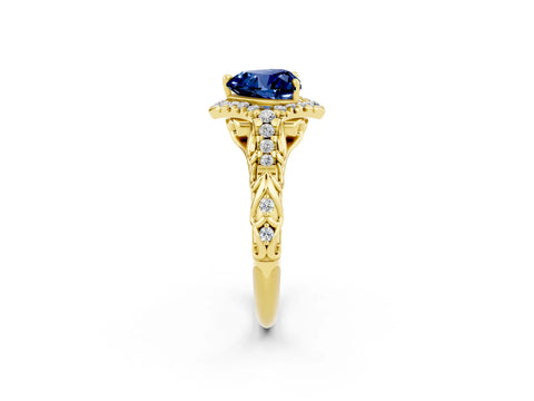 Yellow gold Heart Cut Blue Sapphire Solitaire Ring with Hidden Halo and Pavé Band_14