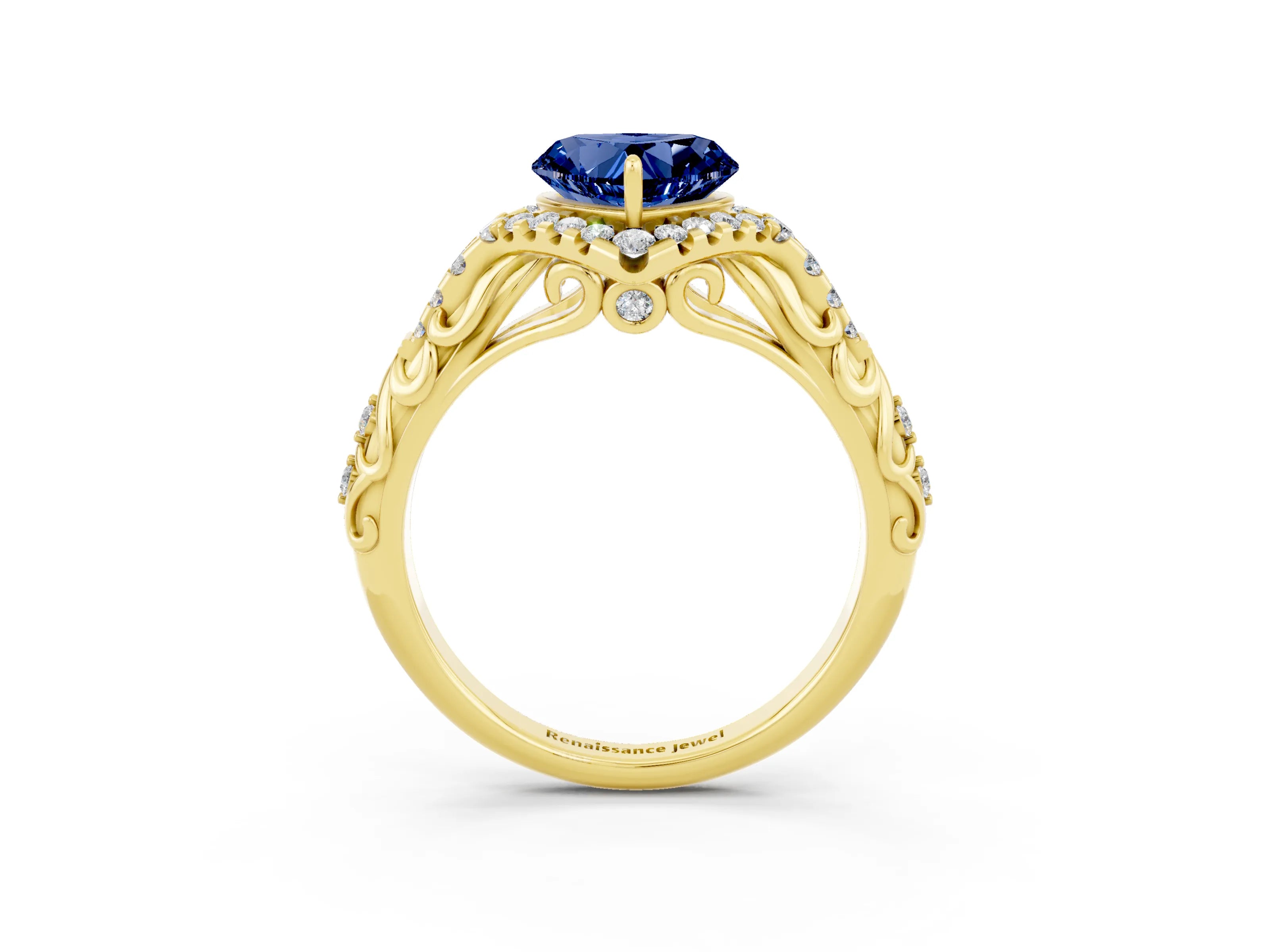 Yellow gold Heart Cut Blue Sapphire Solitaire Ring with Hidden Halo and Pavé Band_15