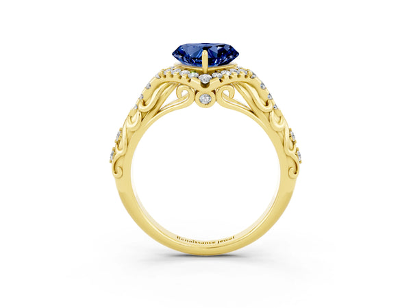 Yellow gold Heart Cut Blue Sapphire Solitaire Ring with Hidden Halo and Pavé Band