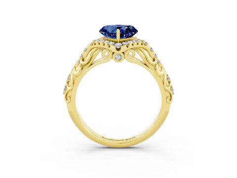 Yellow gold Heart Cut Blue Sapphire Solitaire Ring with Hidden Halo and Pavé Band_15