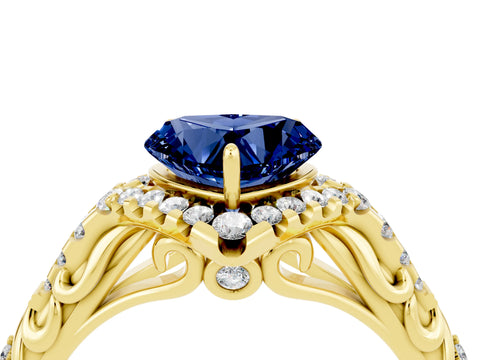 Yellow gold Heart Cut Blue Sapphire Solitaire Ring with Hidden Halo and Pavé Band_16