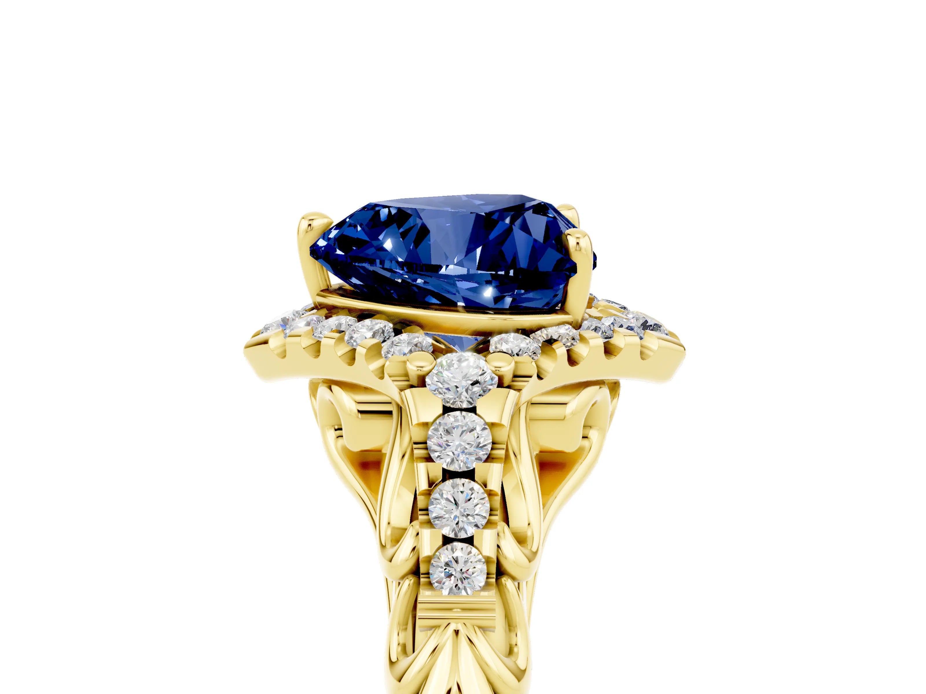 Yellow gold Heart Cut Blue Sapphire Solitaire Ring with Hidden Halo and Pavé Band_17