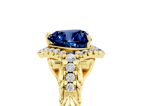 Yellow gold Heart Cut Blue Sapphire Solitaire Ring with Hidden Halo and Pavé Band_17