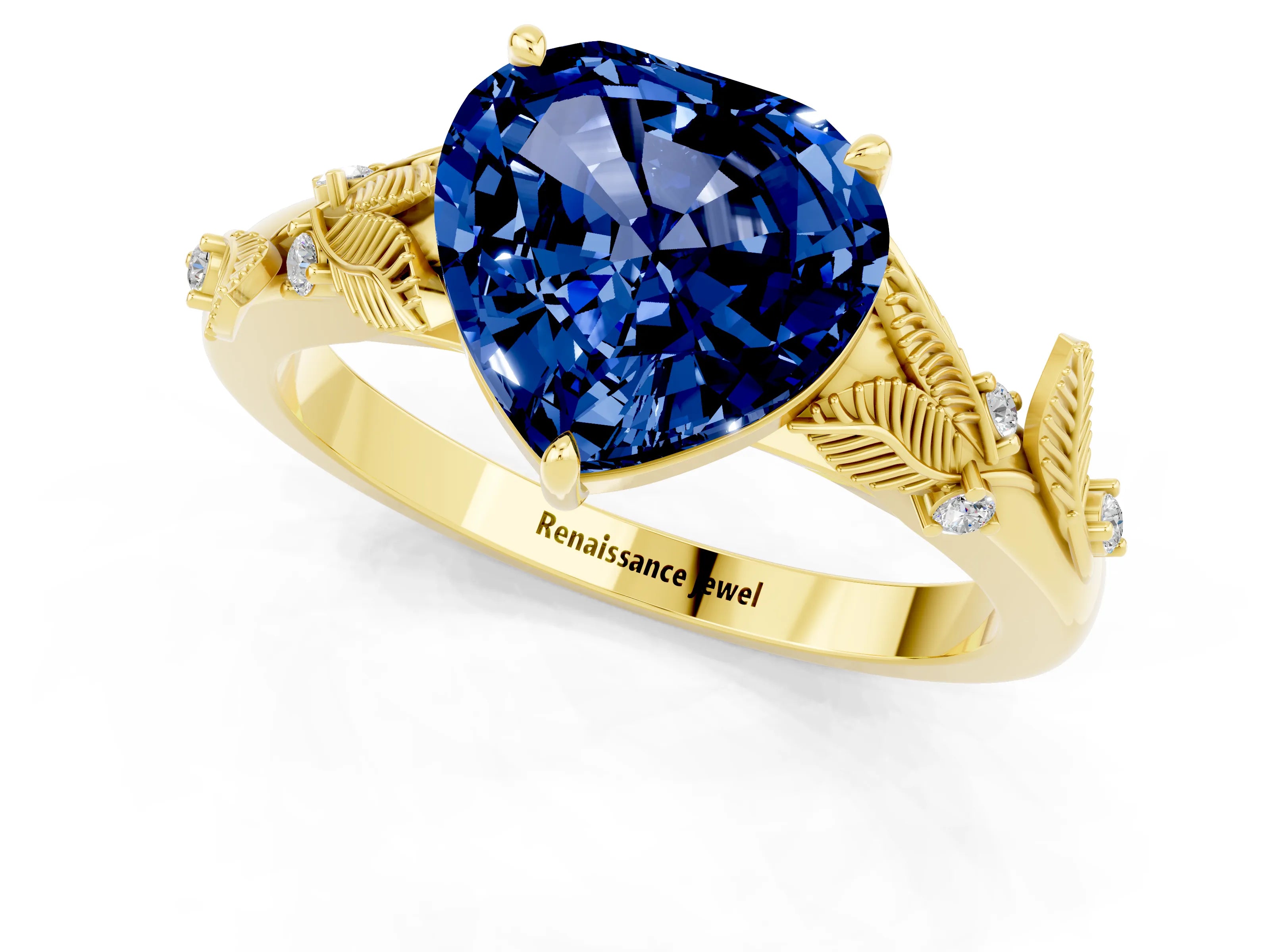 Yellow gold Heart Cut Blue Sapphire Solitaire Ring with Leaf Motif Band and Four-Prong Setting_1