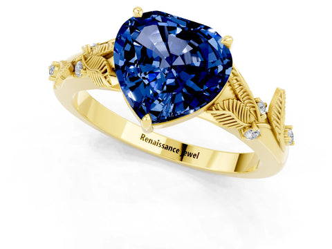 Yellow gold Heart Cut Blue Sapphire Solitaire Ring with Leaf Motif Band and Four-Prong Setting_1