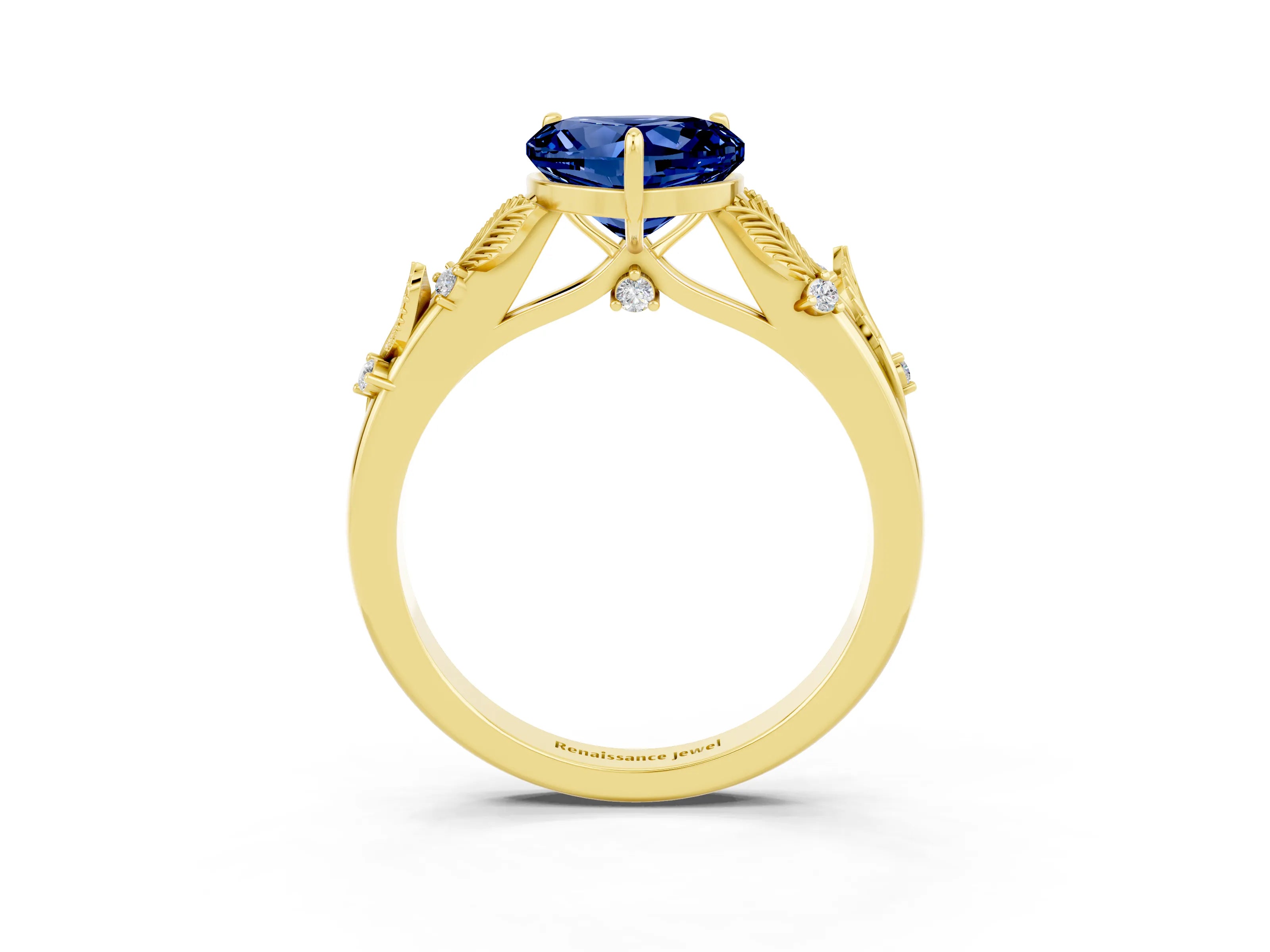 Yellow gold Heart Cut Blue Sapphire Solitaire Ring with Leaf Motif Band and Four-Prong Setting_3