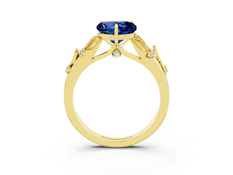 Yellow gold Heart Cut Blue Sapphire Solitaire Ring with Leaf Motif Band and Four-Prong Setting_3