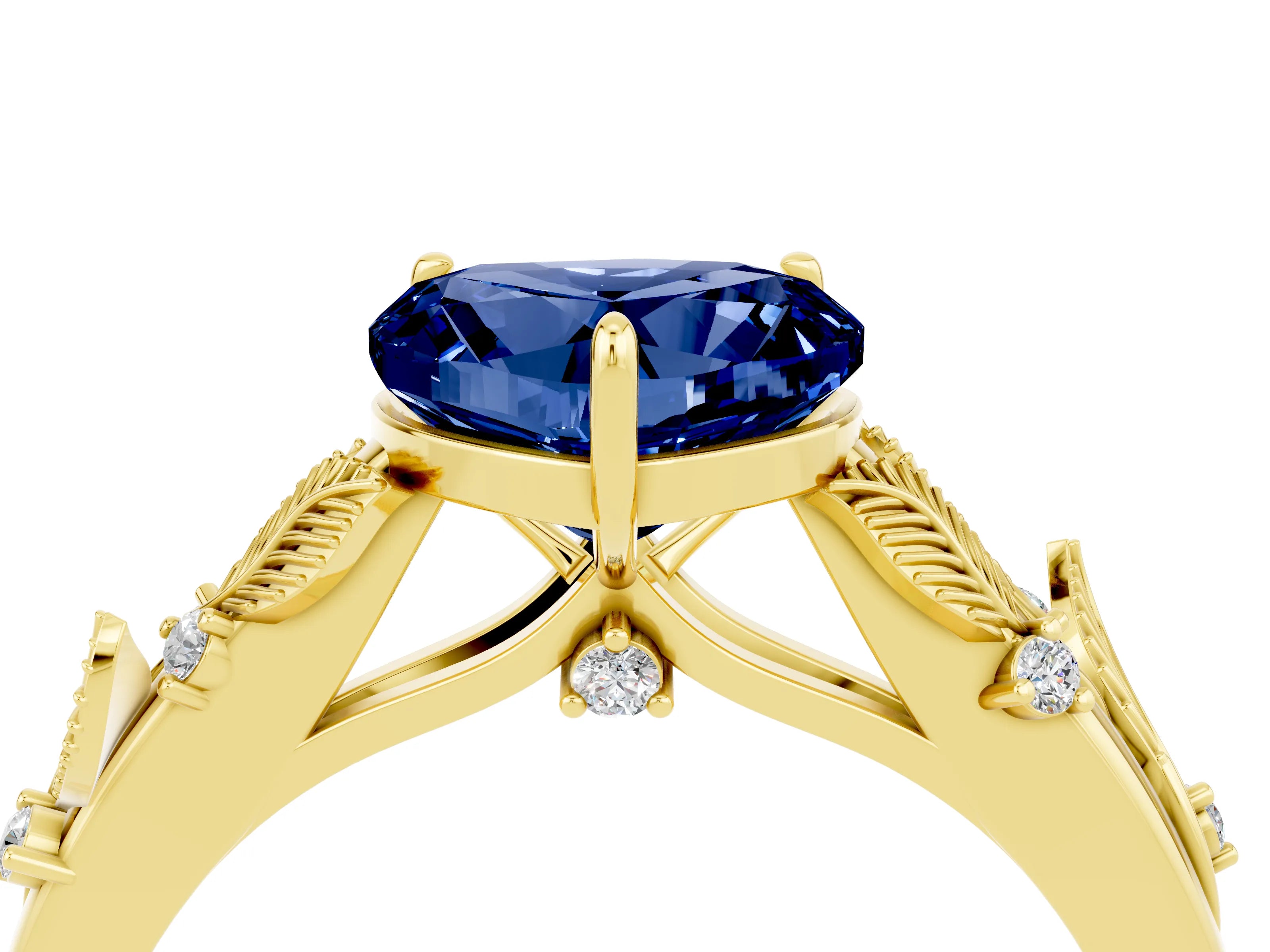 Yellow gold Heart Cut Blue Sapphire Solitaire Ring with Leaf Motif Band and Four-Prong Setting_4