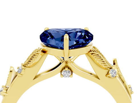 Yellow gold Heart Cut Blue Sapphire Solitaire Ring with Leaf Motif Band and Four-Prong Setting_4