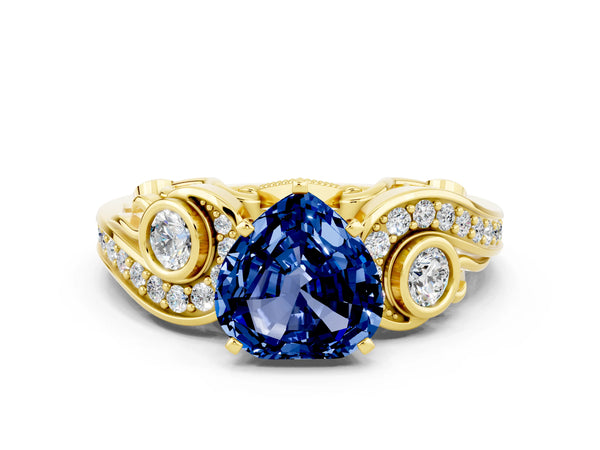 Yellow gold Heart Cut Blue Sapphire Solitaire Ring with Milgrain Pavé Band and Four-Prong Setting