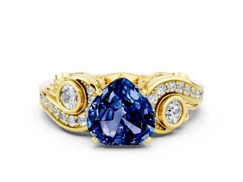 Yellow gold Heart Cut Blue Sapphire Solitaire Ring with Milgrain Pavé Band and Four-Prong Setting_24