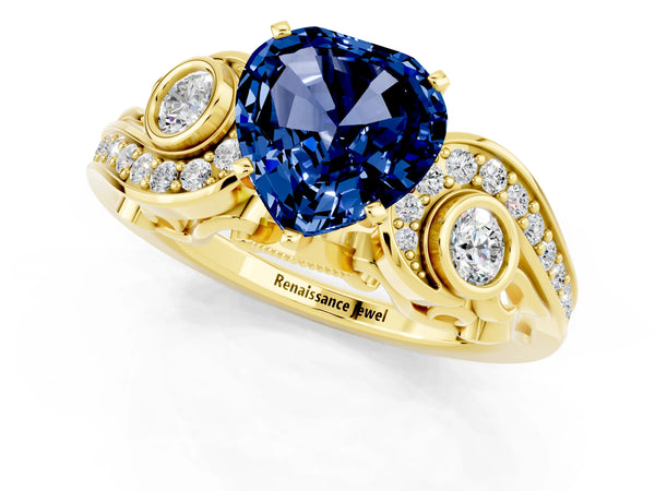 Yellow gold Heart Cut Blue Sapphire Solitaire Ring with Milgrain Pavé Band and Four-Prong Setting
