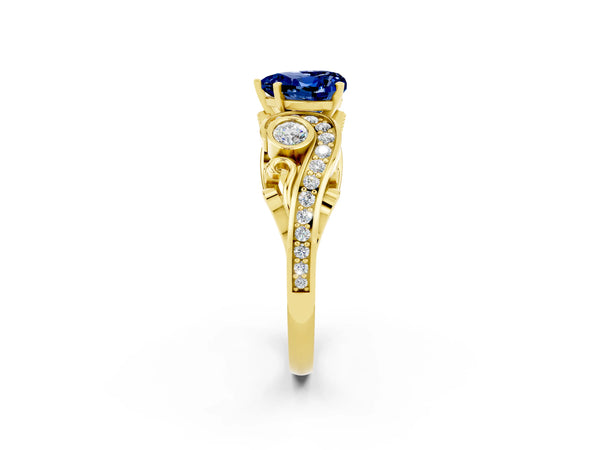 Yellow gold Heart Cut Blue Sapphire Solitaire Ring with Milgrain Pavé Band and Four-Prong Setting