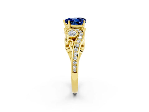 Yellow gold Heart Cut Blue Sapphire Solitaire Ring with Milgrain Pavé Band and Four-Prong Setting_26