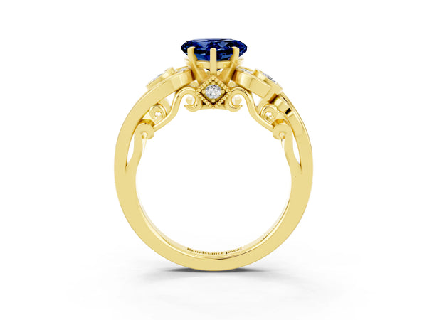 Yellow gold Heart Cut Blue Sapphire Solitaire Ring with Milgrain Pavé Band and Four-Prong Setting