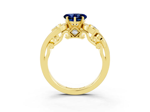 Yellow gold Heart Cut Blue Sapphire Solitaire Ring with Milgrain Pavé Band and Four-Prong Setting_27