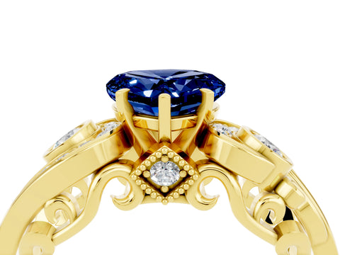 Yellow gold Heart Cut Blue Sapphire Solitaire Ring with Milgrain Pavé Band and Four-Prong Setting_28