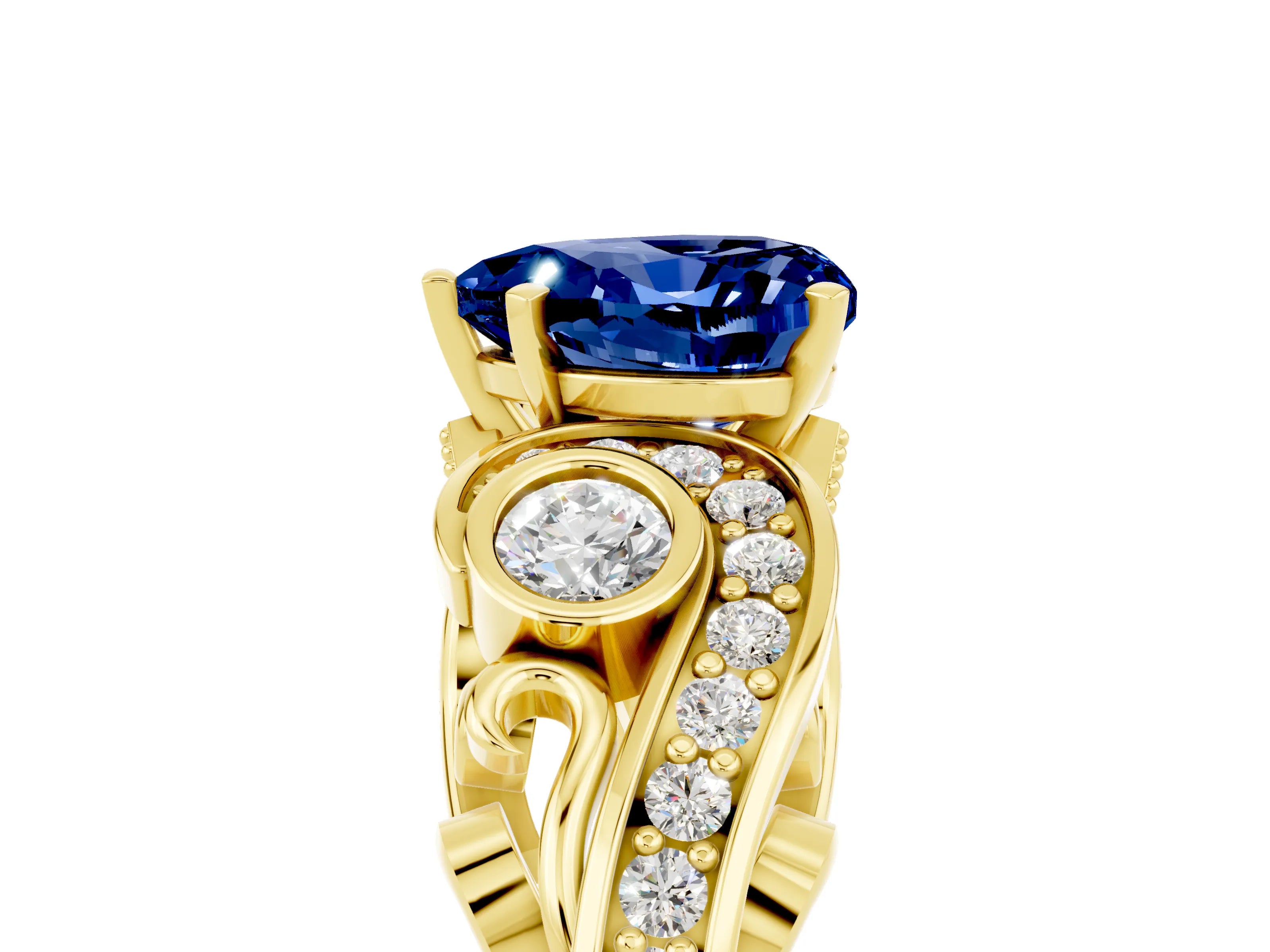 Yellow gold Heart Cut Blue Sapphire Solitaire Ring with Milgrain Pavé Band and Four-Prong Setting_29