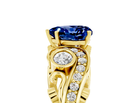 Yellow gold Heart Cut Blue Sapphire Solitaire Ring with Milgrain Pavé Band and Four-Prong Setting_29