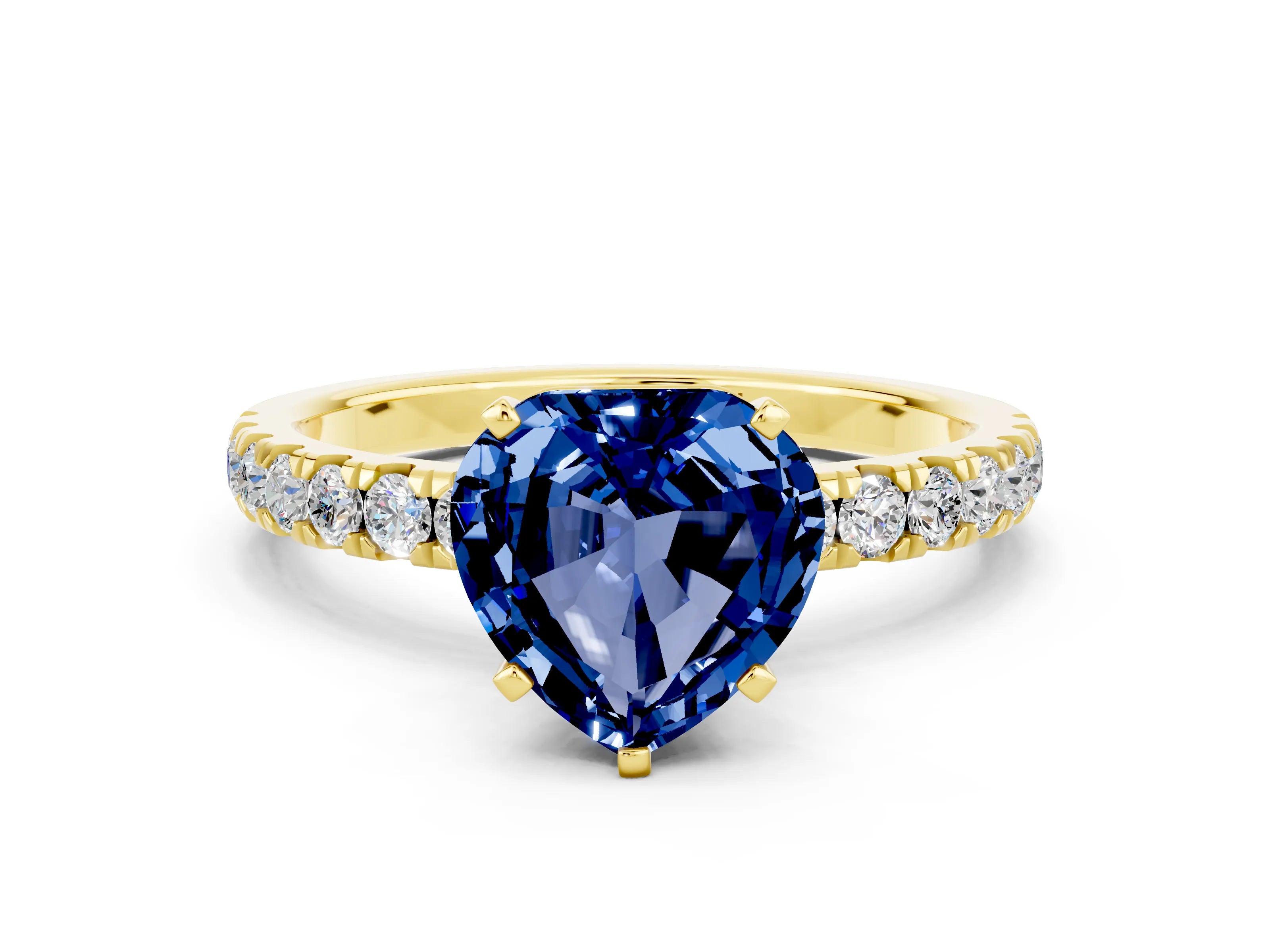 Yellow gold Heart Cut Blue Sapphire Solitaire Ring with Pavé Accents and Four-Prong Setting