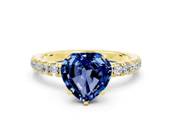 Yellow gold Heart Cut Blue Sapphire Solitaire Ring with Pavé Accents and Four-Prong Setting