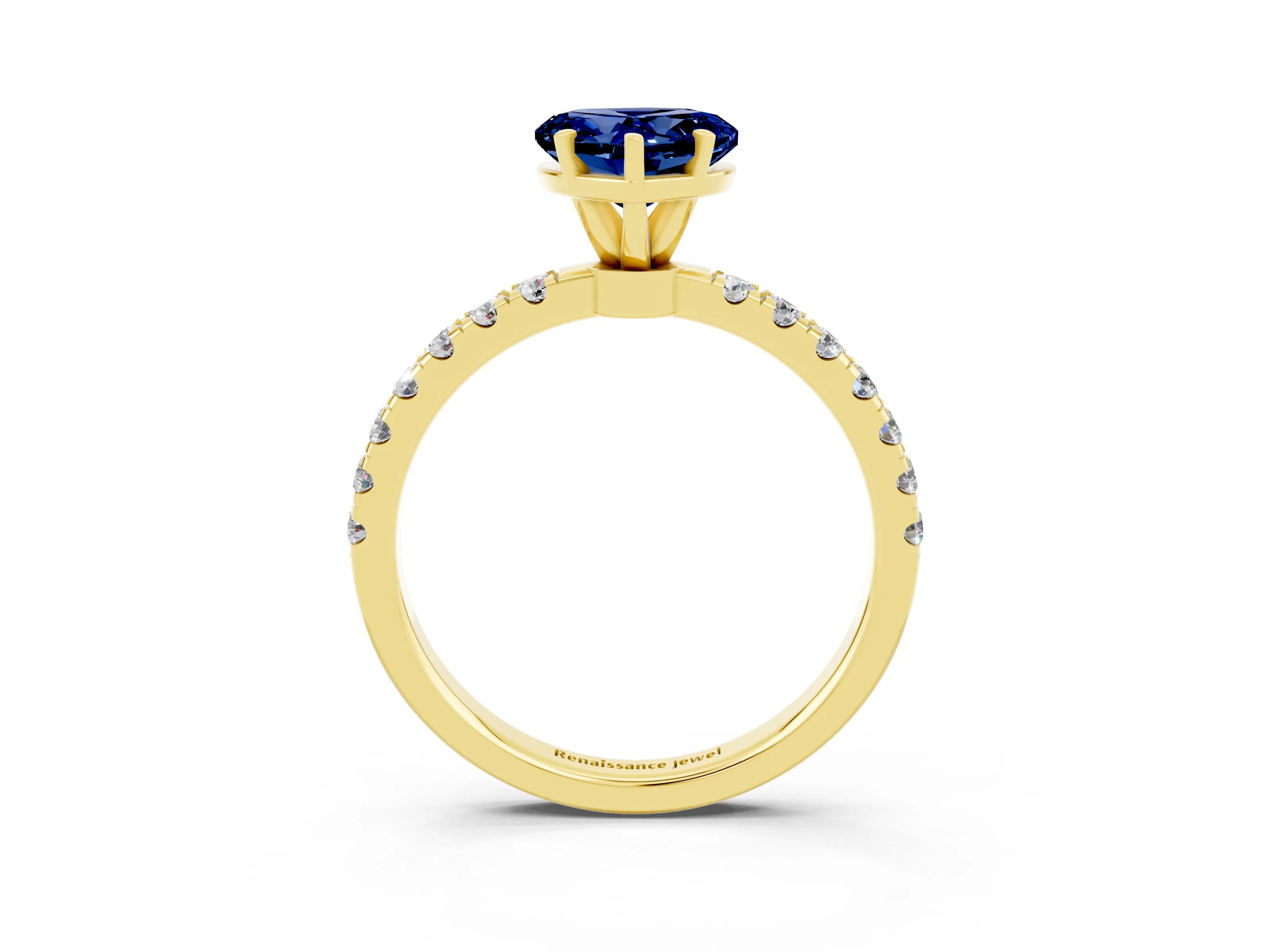 Yellow gold Heart Cut Blue Sapphire Solitaire Ring with Pavé Accents and Four-Prong Setting_3