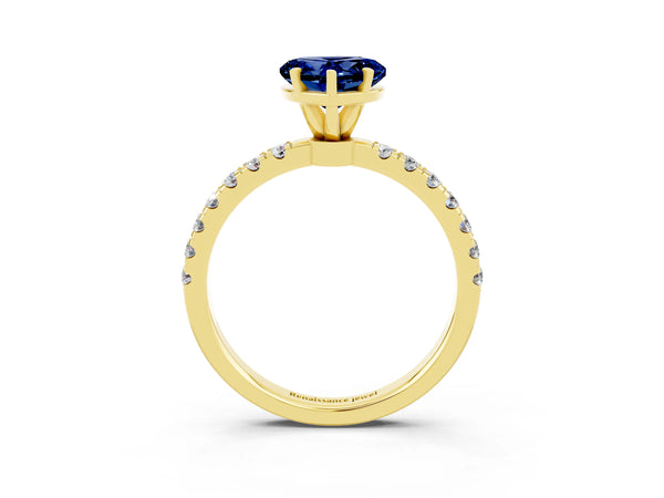 Yellow gold Heart Cut Blue Sapphire Solitaire Ring with Pavé Accents and Four-Prong Setting