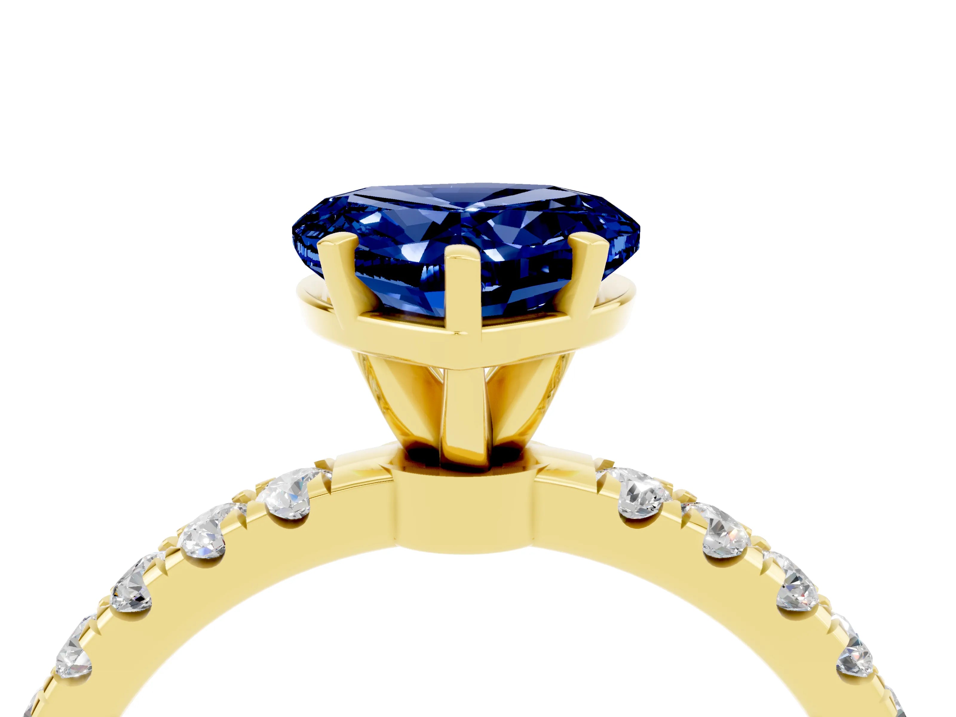 Yellow gold Heart Cut Blue Sapphire Solitaire Ring with Pavé Accents and Four-Prong Setting_4