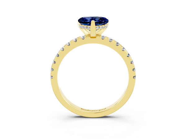 Yellow gold Heart Cut Blue Sapphire Solitaire Ring with Round  Pavé Band and Four-Prong Setting