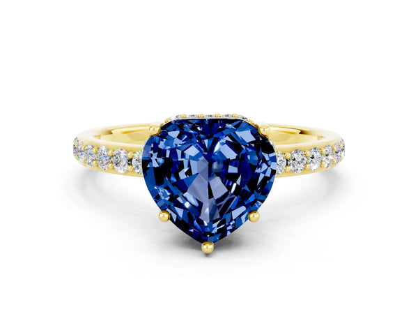 Yellow gold Heart Cut Blue Sapphire Solitaire Ring with Pavé Band and Hidden Halo